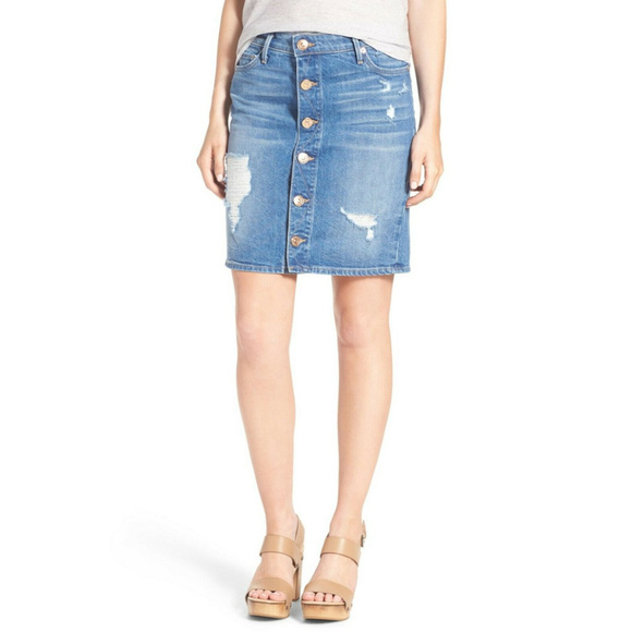 True Religion Women's Button Pencil Distressed Destroyed Denim Jean Skirt w/ Rip - Picture 1 of 4